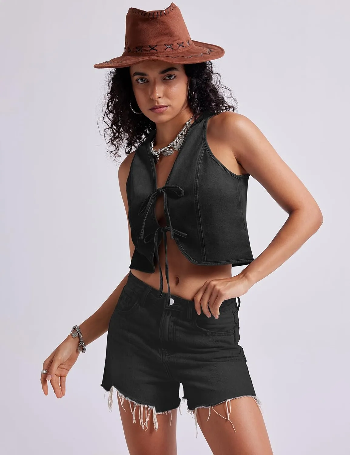 Womens Denim Vest Crop Sleeveless V Neck Denim Top Retro Tie Up Front Jean Vest