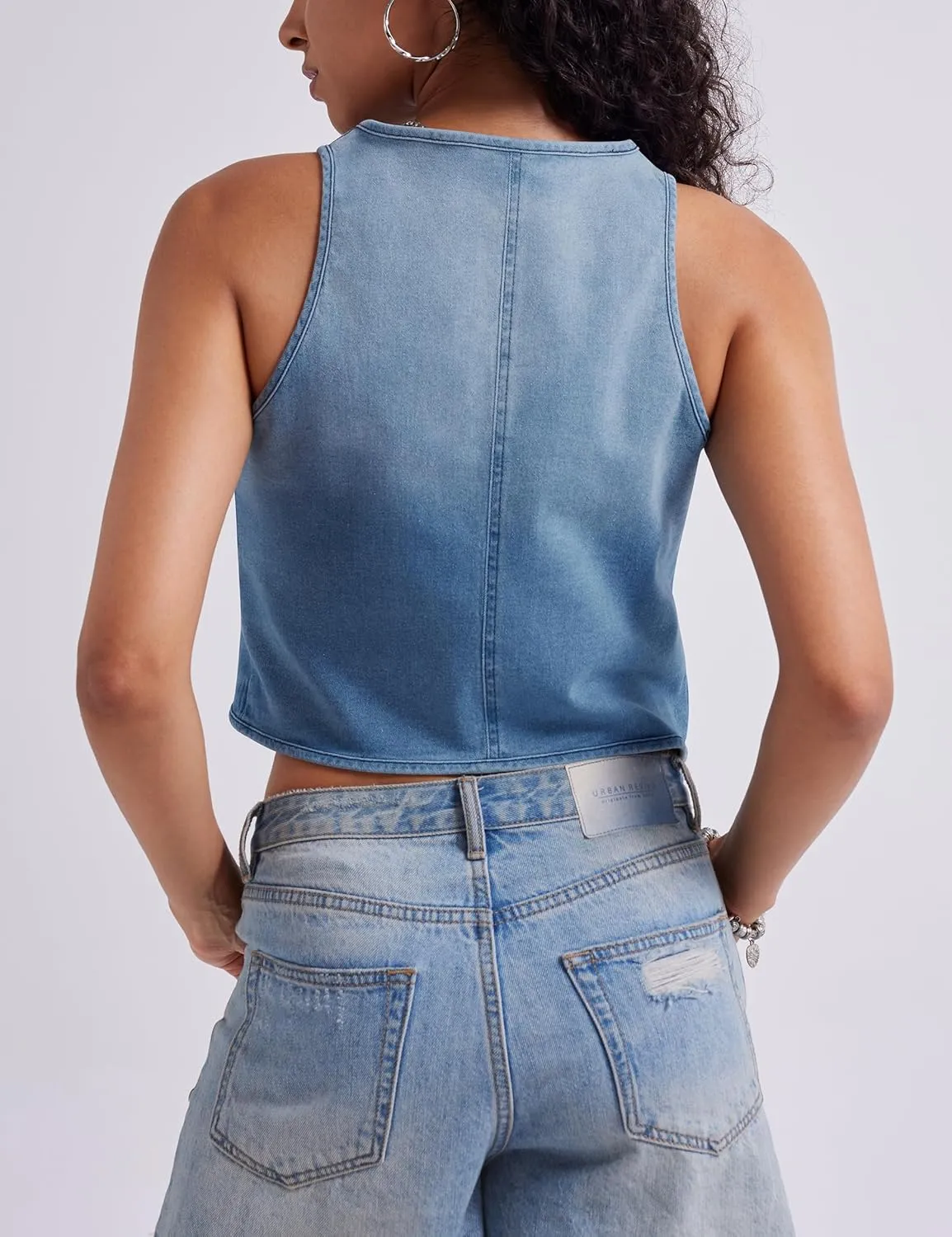 Womens Denim Vest Crop Sleeveless V Neck Denim Top Retro Tie Up Front Jean Vest