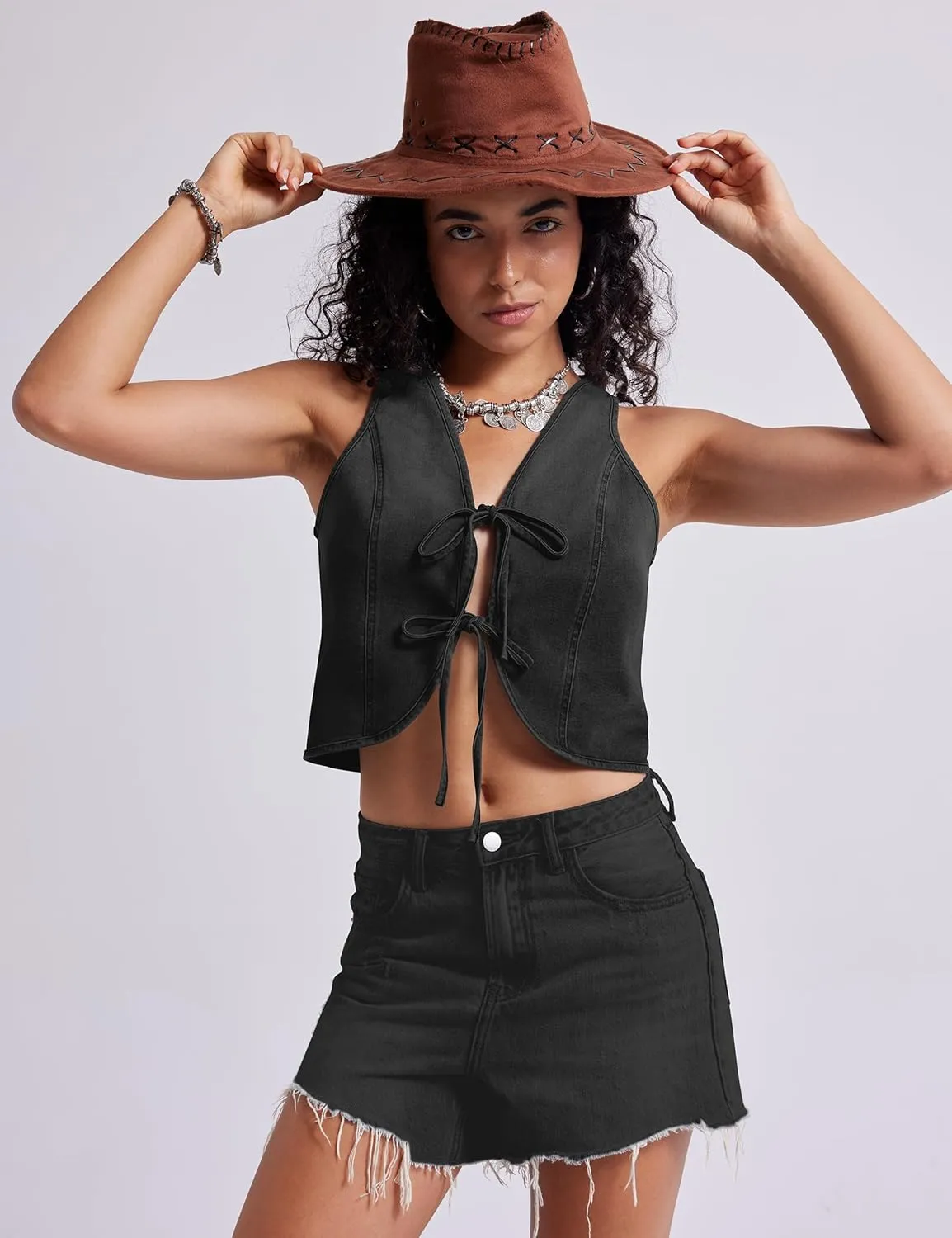 Womens Denim Vest Crop Sleeveless V Neck Denim Top Retro Tie Up Front Jean Vest