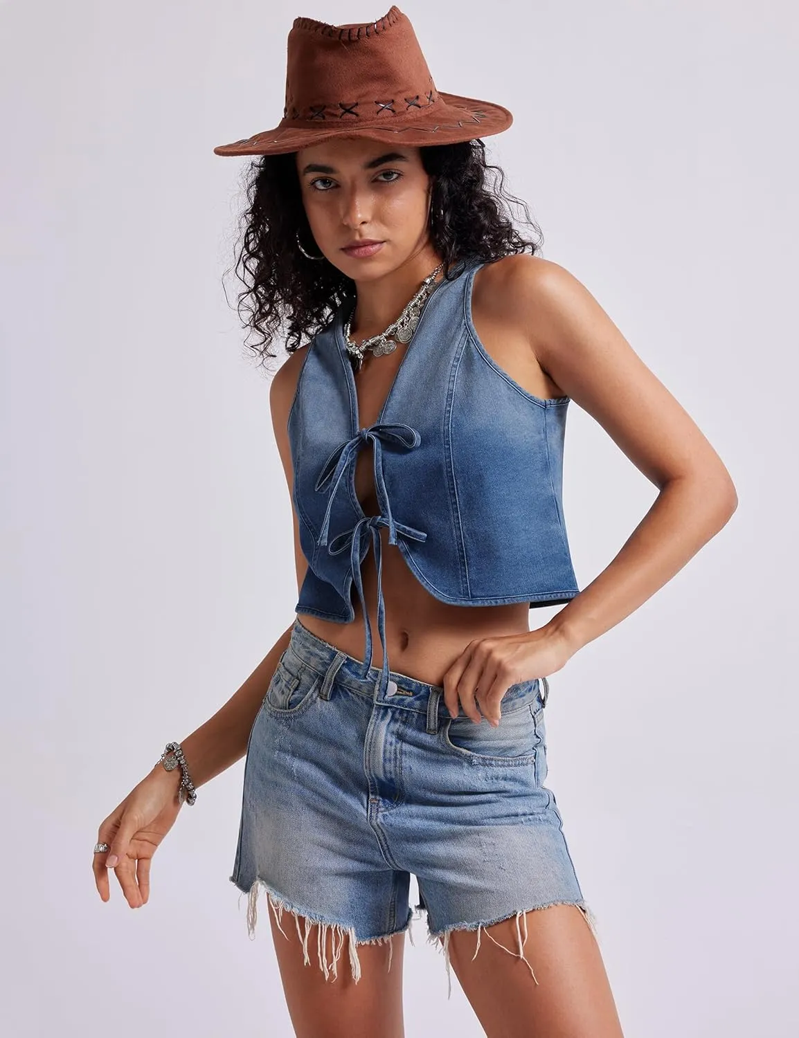 Womens Denim Vest Crop Sleeveless V Neck Denim Top Retro Tie Up Front Jean Vest