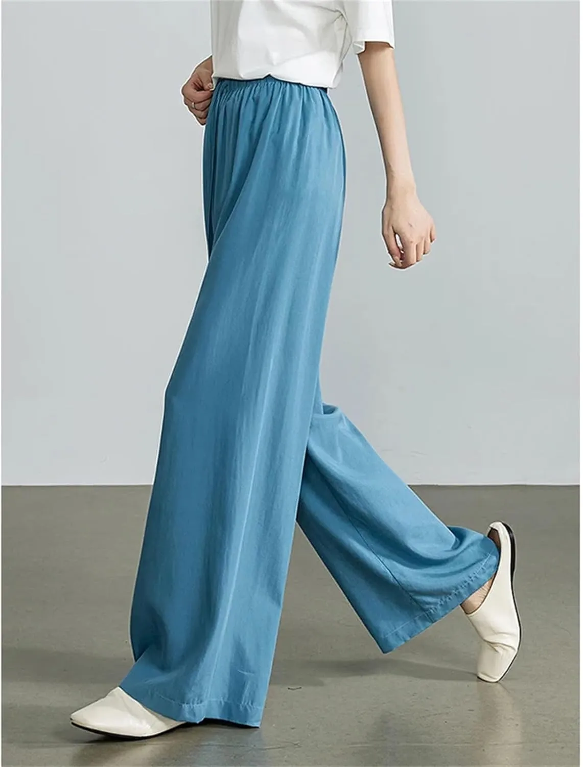 Womens Elastic Waist Wide-Leg Straight Pants Year-Round Casual Office Trousers