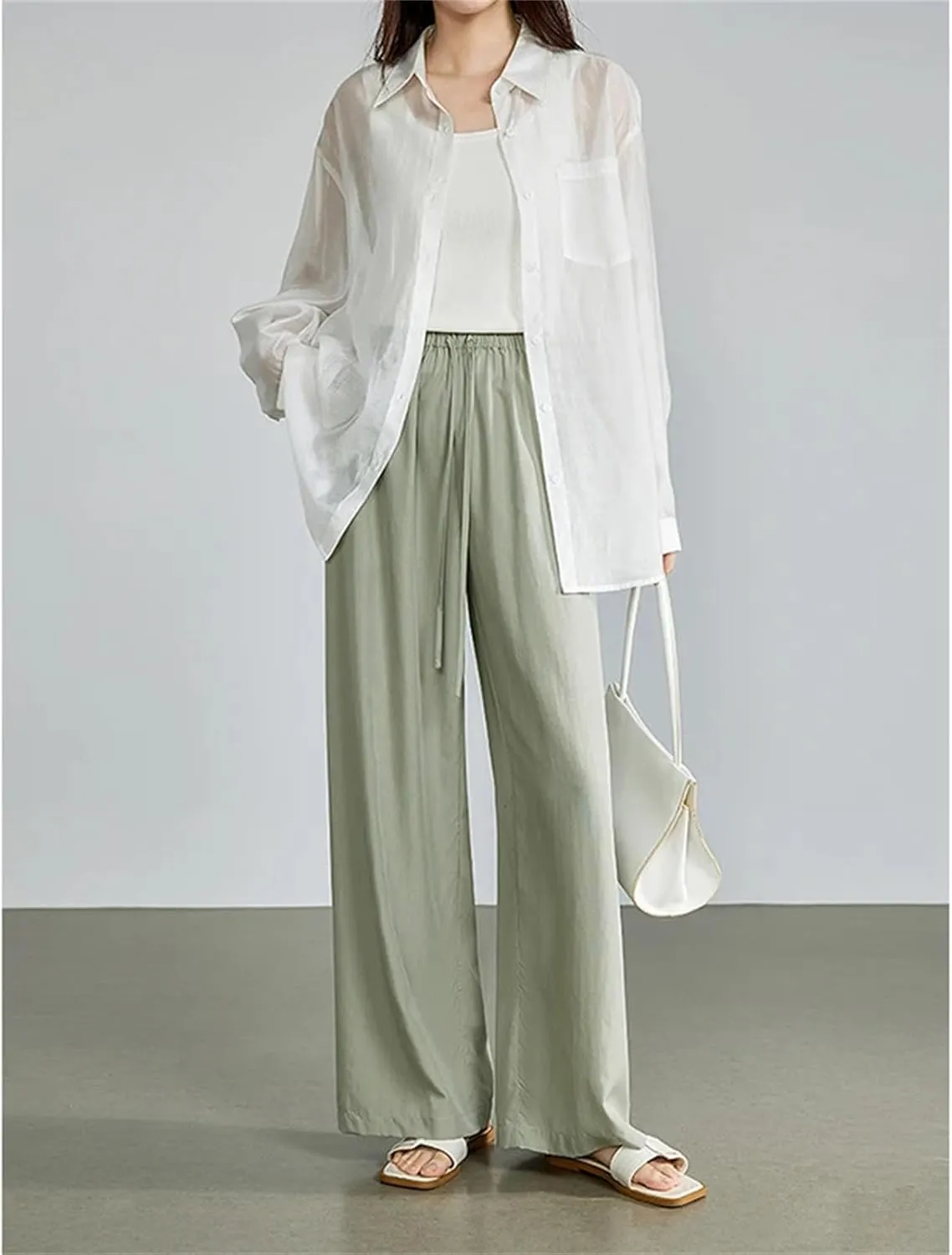 Womens Elastic Waist Wide-Leg Straight Pants Year-Round Casual Office Trousers