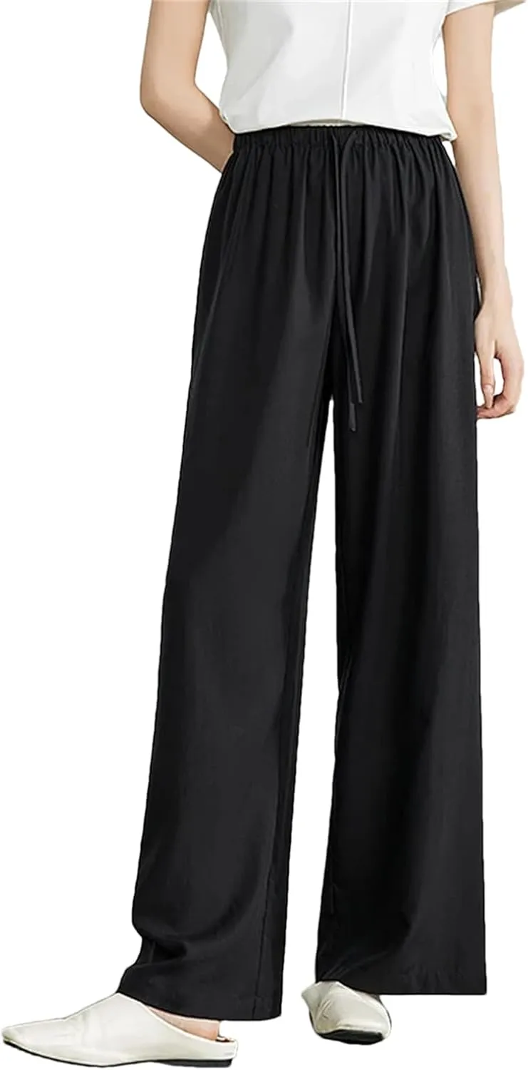 Womens Elastic Waist Wide-Leg Straight Pants Year-Round Casual Office Trousers