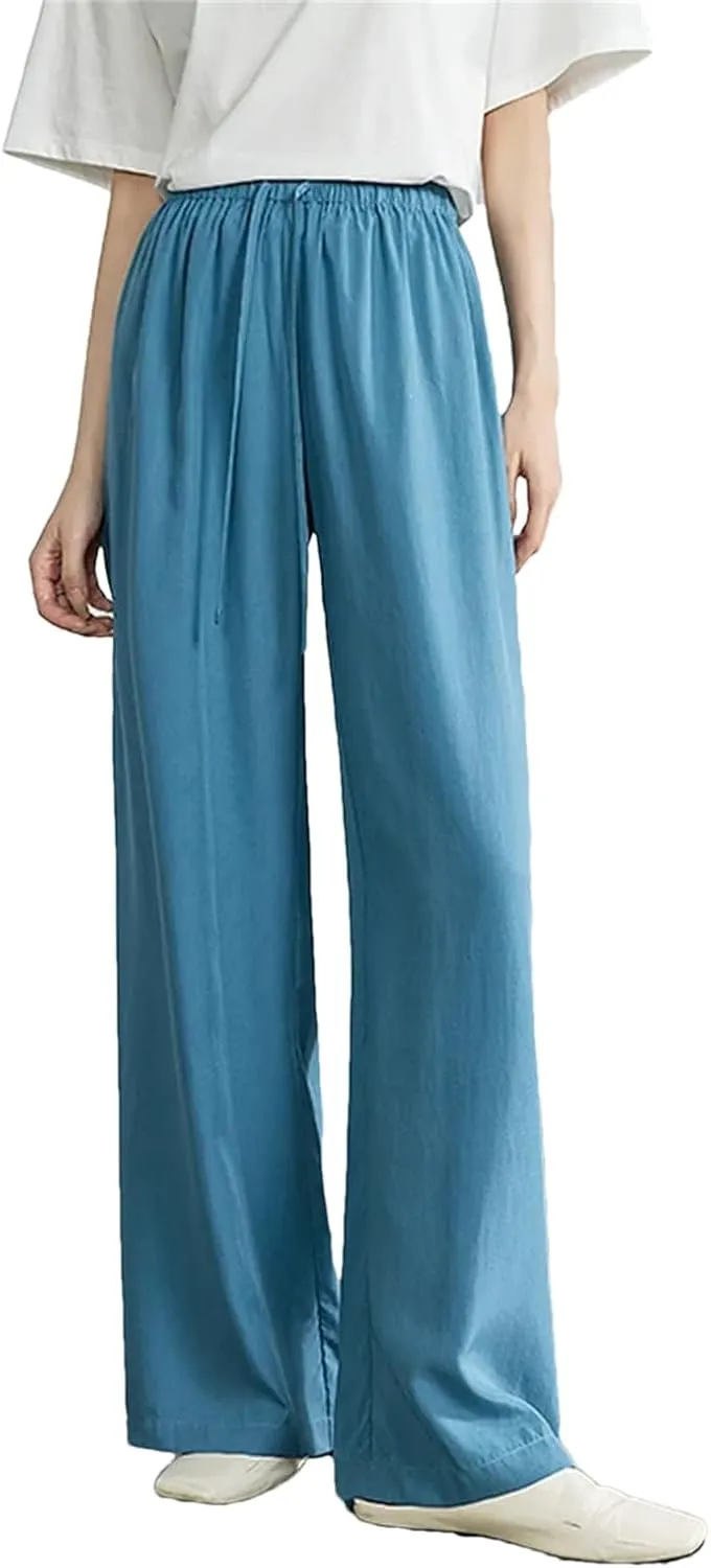 Womens Elastic Waist Wide-Leg Straight Pants Year-Round Casual Office Trousers