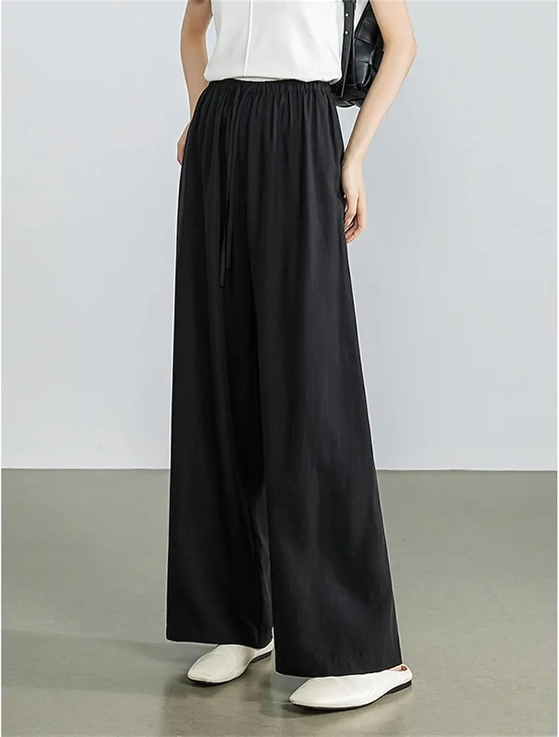 Womens Elastic Waist Wide-Leg Straight Pants Year-Round Casual Office Trousers