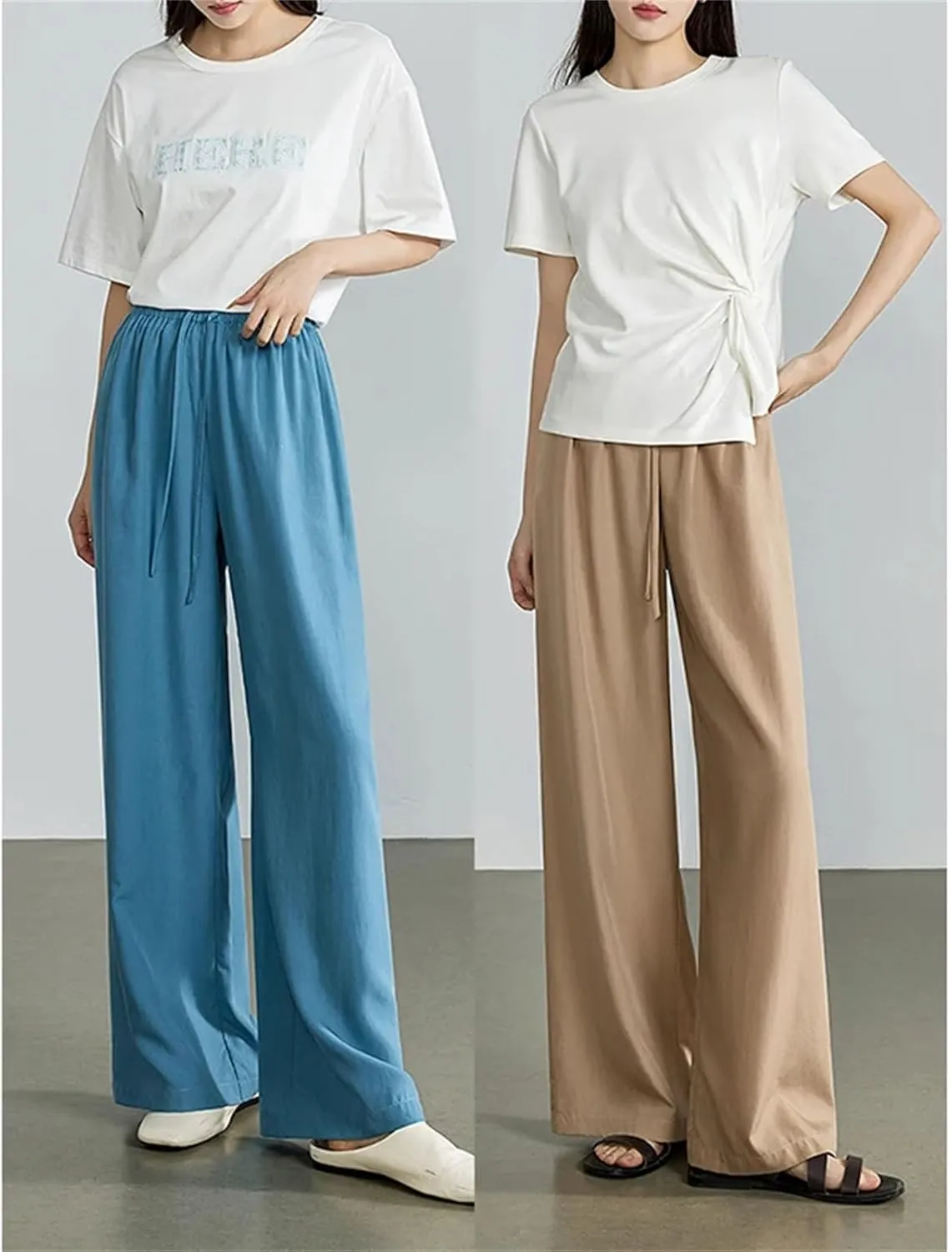 Womens Elastic Waist Wide-Leg Straight Pants Year-Round Casual Office Trousers