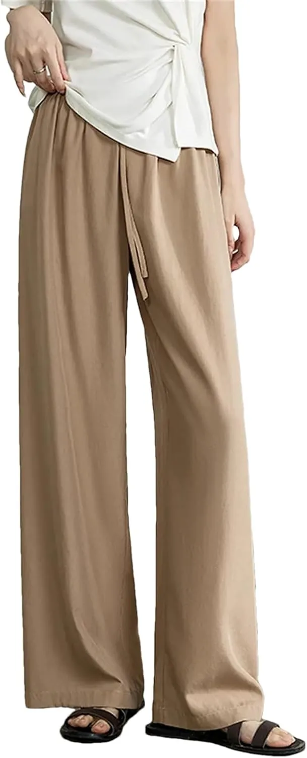 Womens Elastic Waist Wide-Leg Straight Pants Year-Round Casual Office Trousers