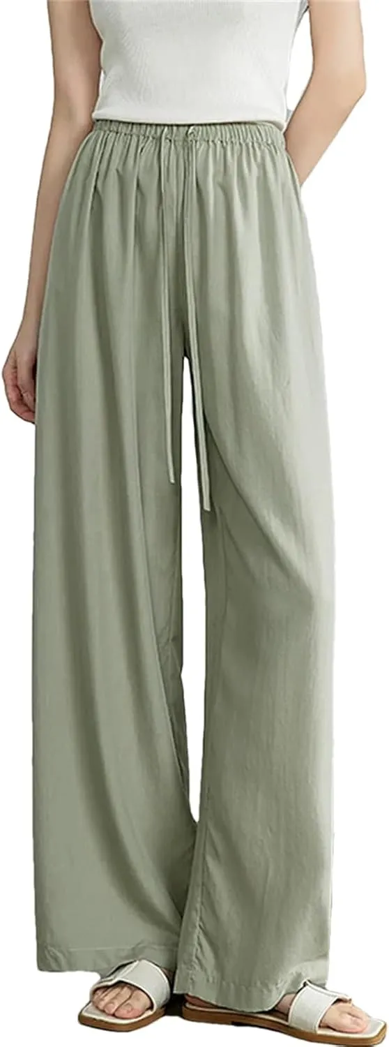Womens Elastic Waist Wide-Leg Straight Pants Year-Round Casual Office Trousers