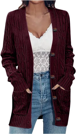 Womens Fall Jacket Plus Size V Neck Knit Sweaters Button Down Long Sleeve Cardigan Winter Coats with Pockets