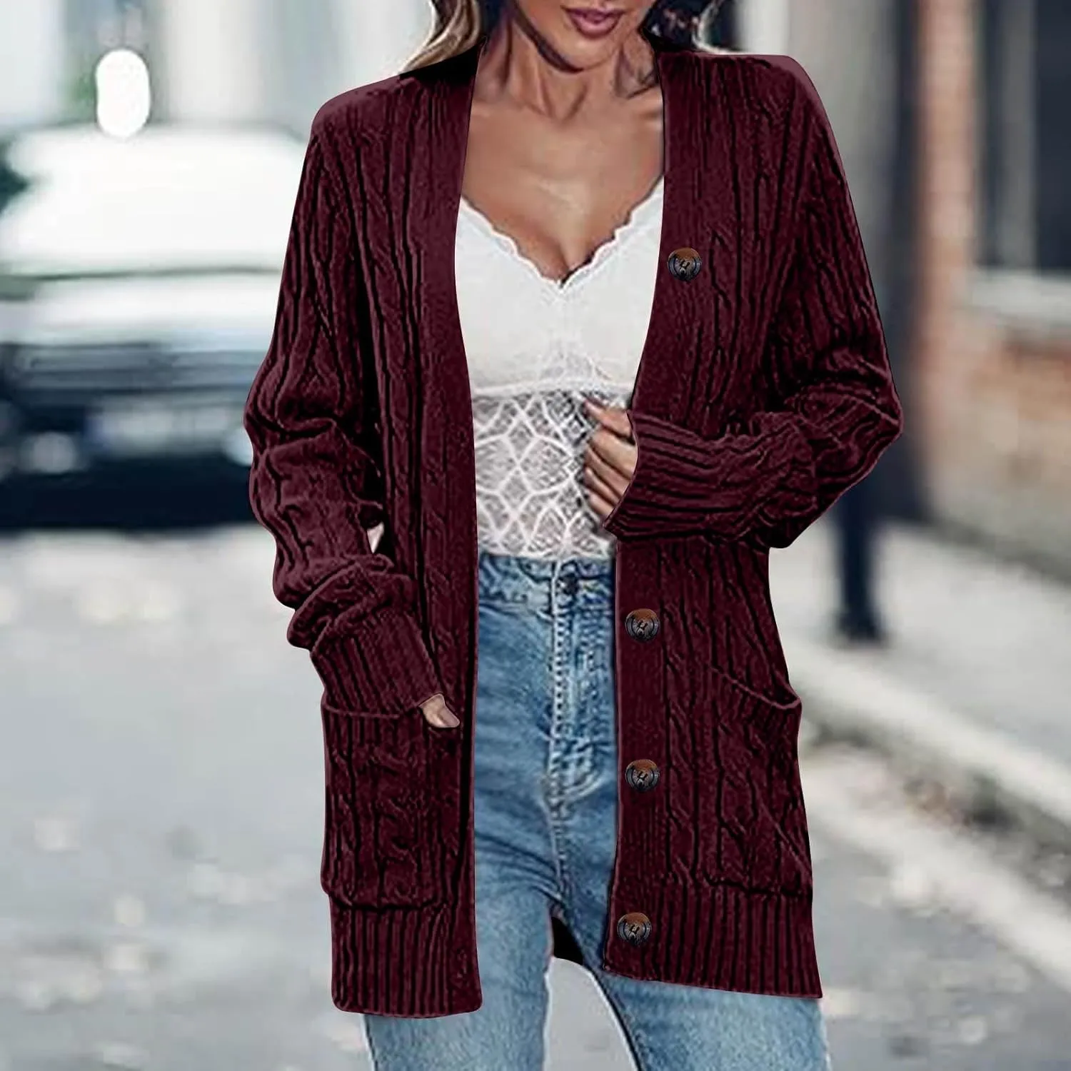 Womens Fall Jacket Plus Size V Neck Knit Sweaters Button Down Long Sleeve Cardigan Winter Coats with Pockets