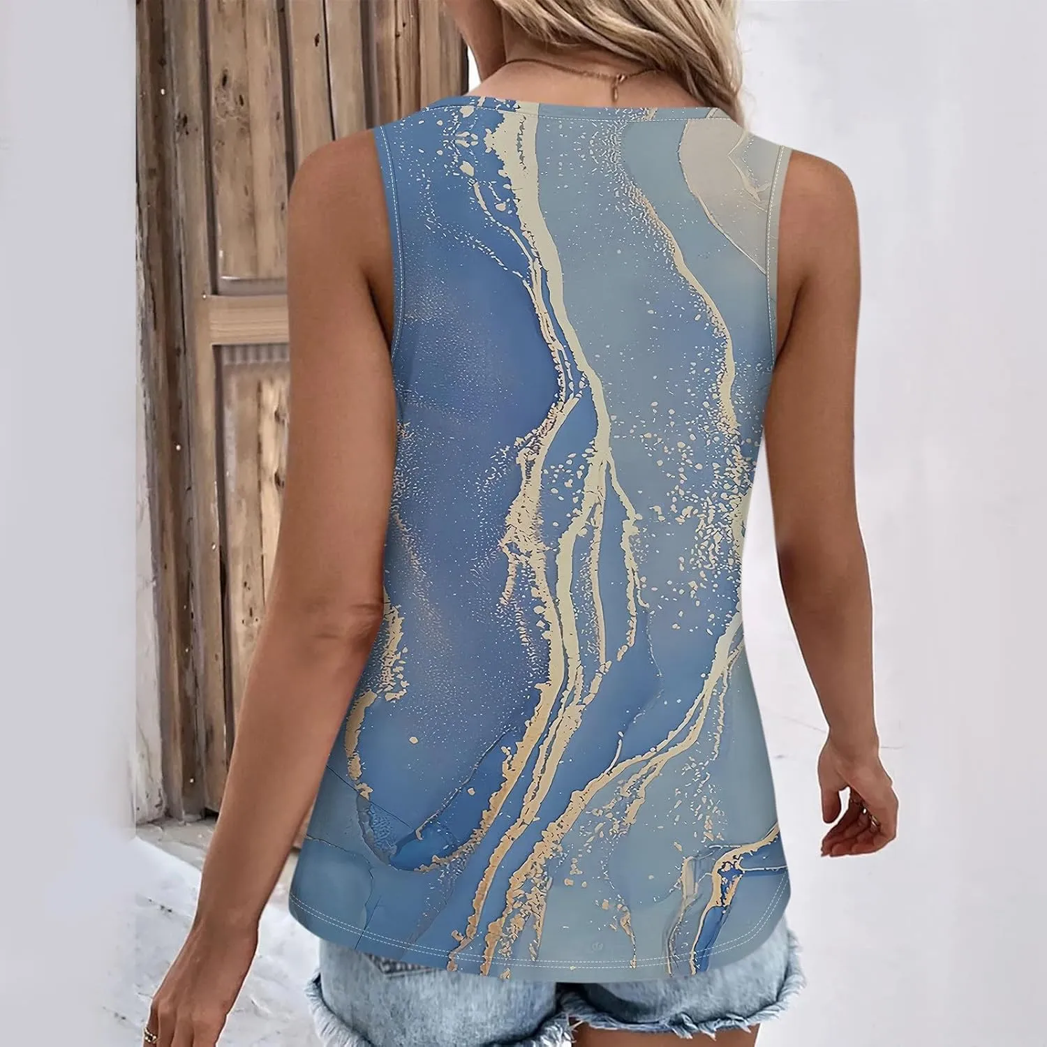 Womens Graphic Tees V-Neck Button Down Tank Tops Summer Sleeveless Shirts Dressy Casual Loose Fit Vacation Blouses