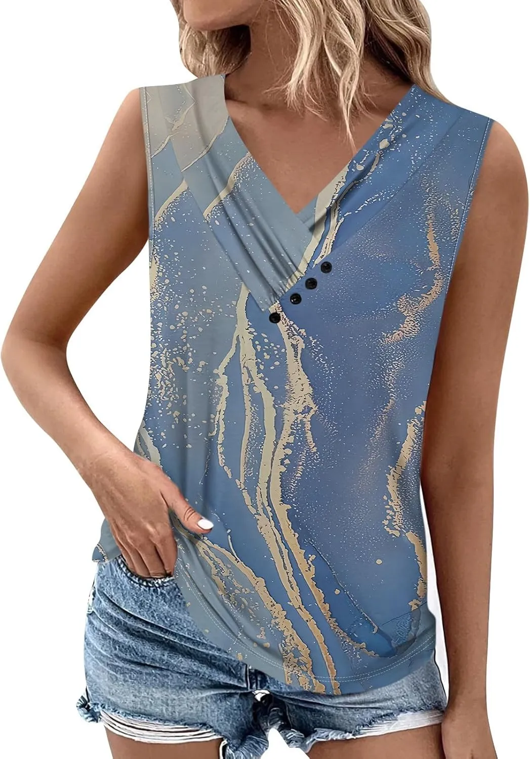 Womens Graphic Tees V-Neck Button Down Tank Tops Summer Sleeveless Shirts Dressy Casual Loose Fit Vacation Blouses