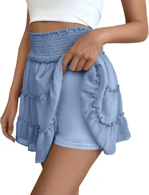 Women's High Waisted Flowy Skorts Boho Ruffle Skirts Pleated Tennis Beach Vacation Short Casual A Line Summer Tiered Skirt