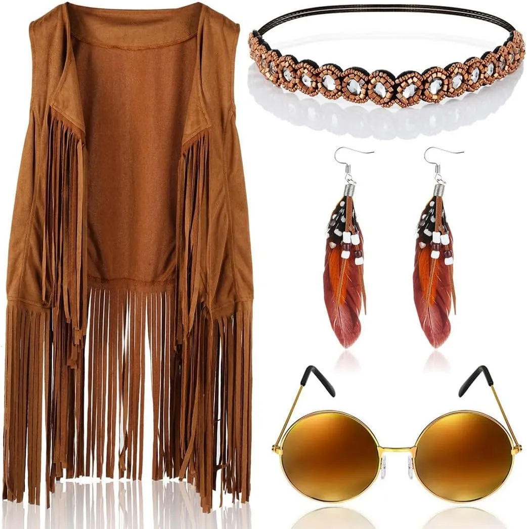 Women'S Hippie Costume Set With Tassel Vest, Boho Headband, Feather Earrings, And Sunglasses For 60S & 70S Retro Cosplay