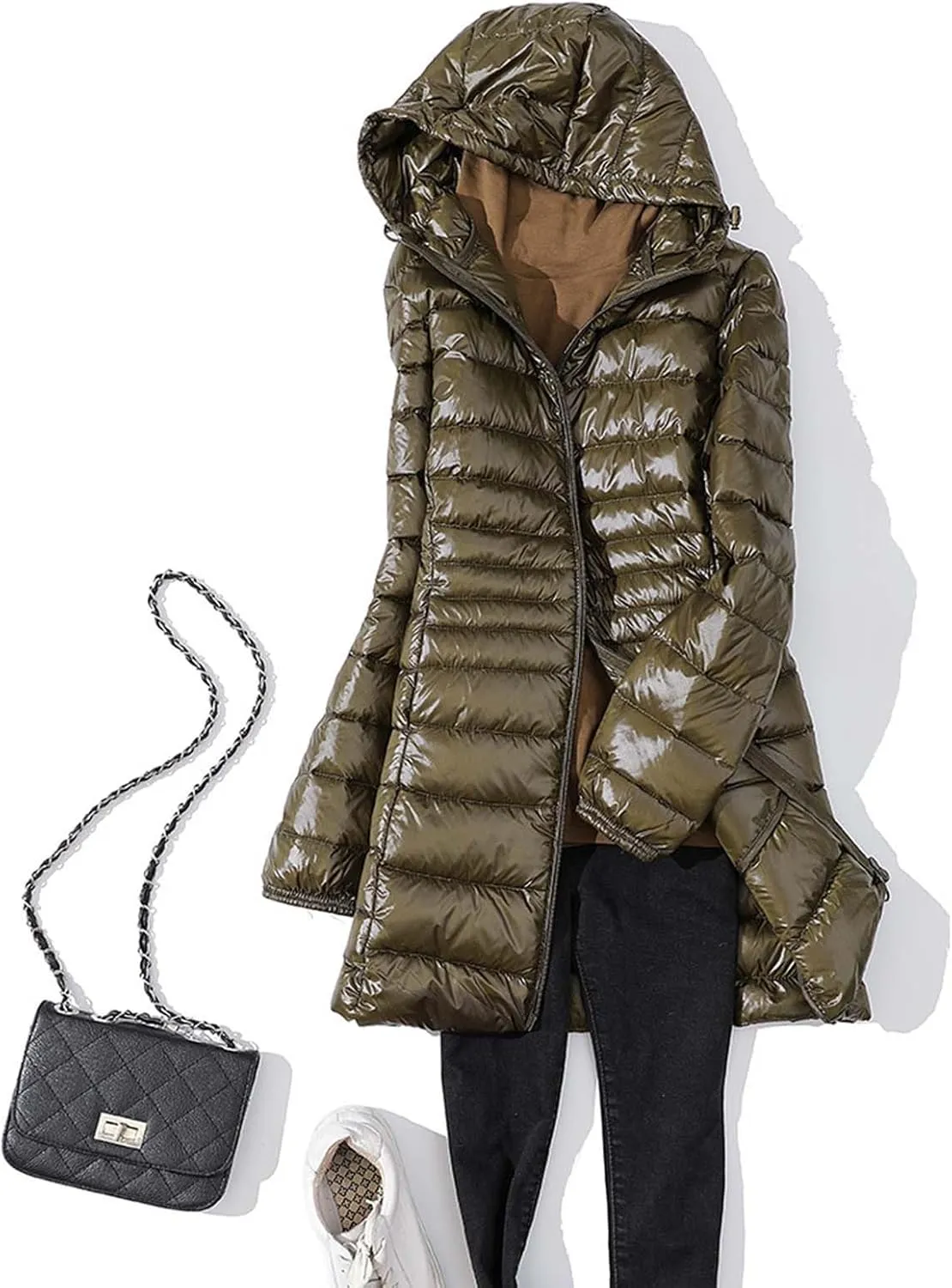 Womens Jackets Winter Women's Solid Color Mid Length Hooded Down Jacket With Drawstring Slim Fit Portable Womens