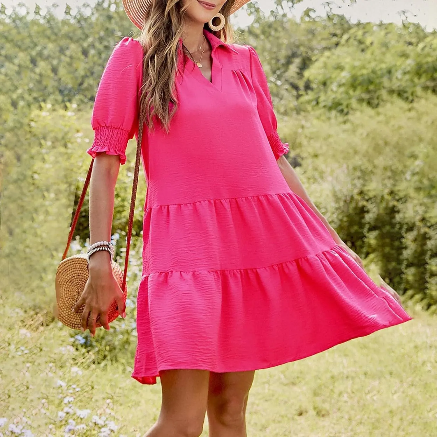Womens Lapel V Neck Cute Shift Tierd Dress with Pockets Bell Sleeve Ruffle Hem Loose Swing Summer Tunic Mini Dress