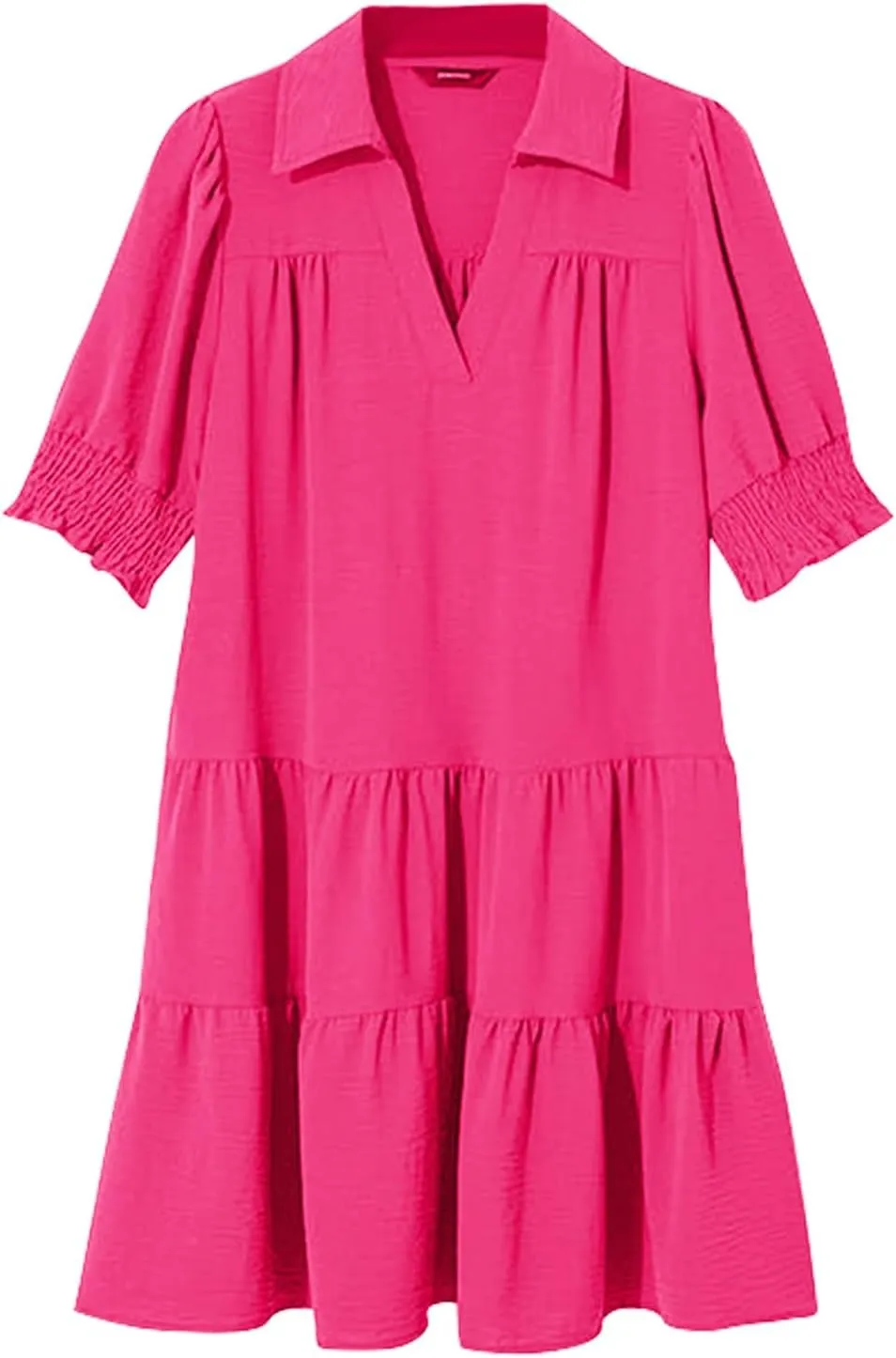 Womens Lapel V Neck Cute Shift Tierd Dress with Pockets Bell Sleeve Ruffle Hem Loose Swing Summer Tunic Mini Dress