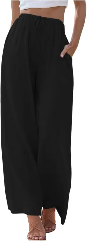 Women's Linen Blend Pants High Waisted Baggy Pants with Elastic Waist Relax Fit Lantern Trouser with Pockets