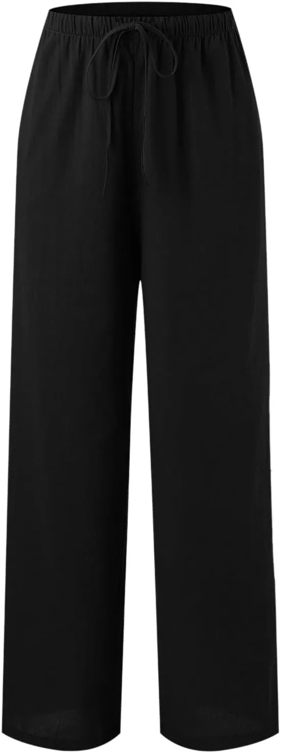 Women's Linen Blend Pants High Waisted Baggy Pants with Elastic Waist Relax Fit Lantern Trouser with Pockets