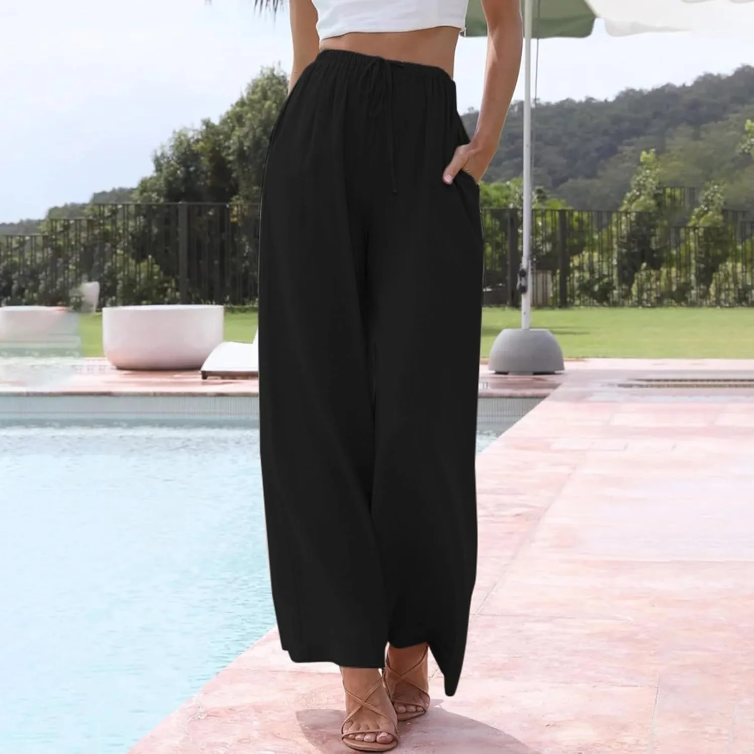 Women's Linen Blend Pants High Waisted Baggy Pants with Elastic Waist Relax Fit Lantern Trouser with Pockets