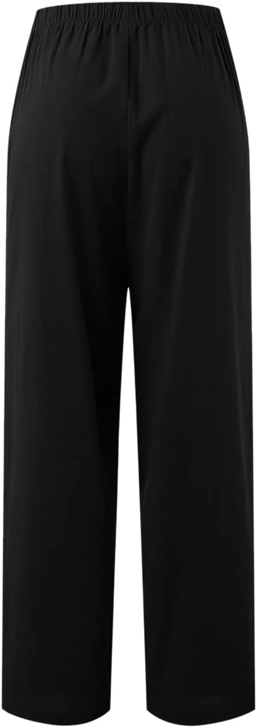 Women's Linen Blend Pants High Waisted Baggy Pants with Elastic Waist Relax Fit Lantern Trouser with Pockets