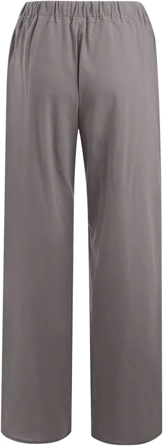 Women's Linen Cotton Pants Summer Drawstring Waist Wide Leg Lounge Palazzo Trouser Casual Loose Yoga Trousers
