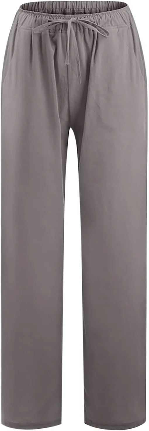 Women's Linen Cotton Pants Summer Drawstring Waist Wide Leg Lounge Palazzo Trouser Casual Loose Yoga Trousers