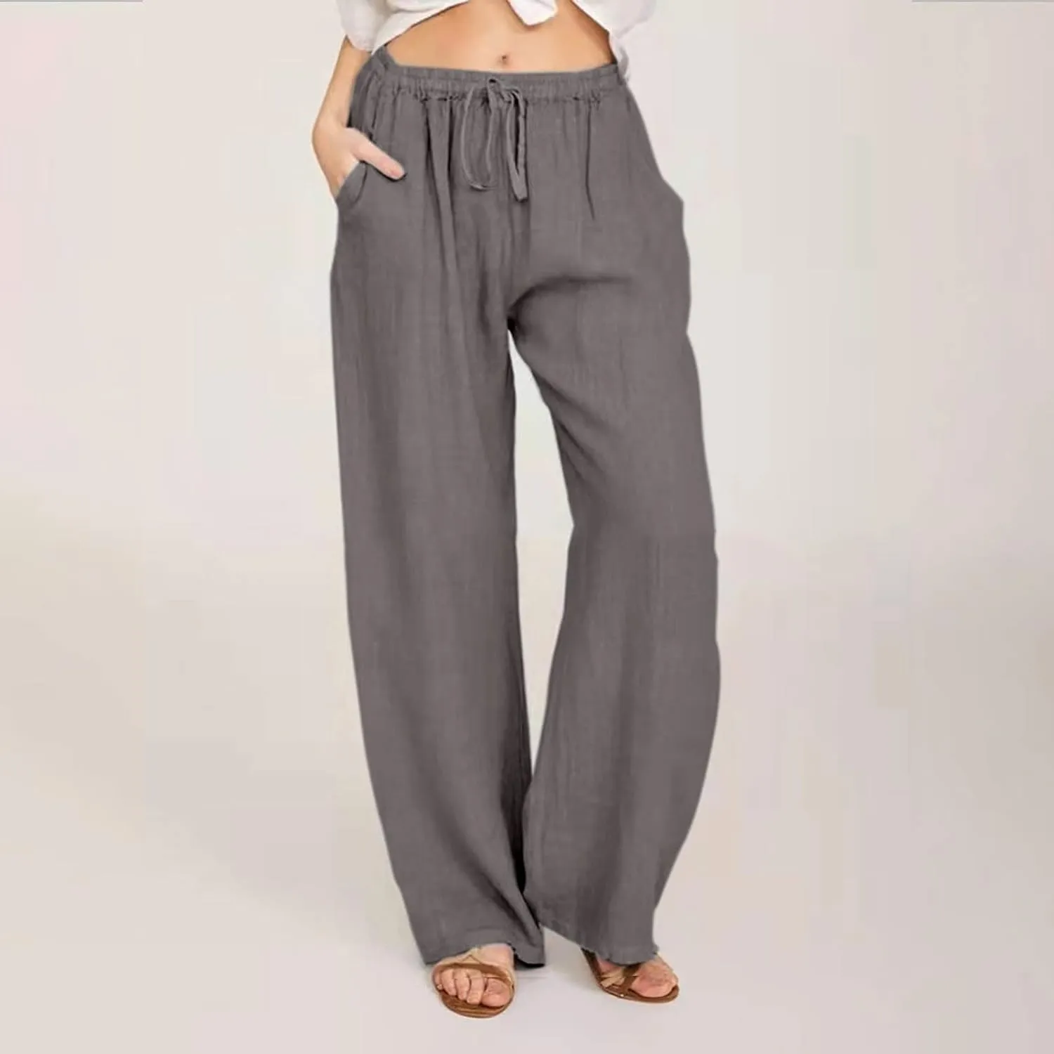 Women's Linen Cotton Pants Summer Drawstring Waist Wide Leg Lounge Palazzo Trouser Casual Loose Yoga Trousers