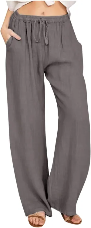 Women's Linen Cotton Pants Summer Drawstring Waist Wide Leg Lounge Palazzo Trouser Casual Loose Yoga Trousers
