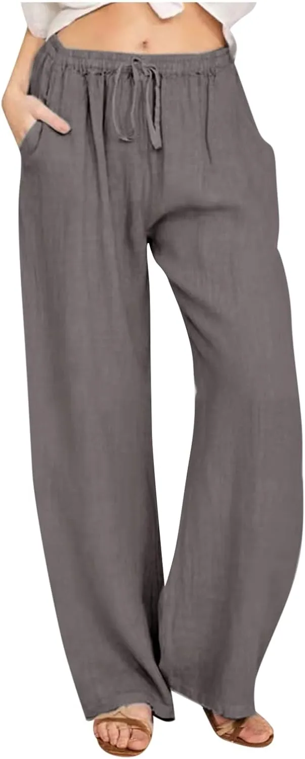 Women's Linen Cotton Pants Summer Drawstring Waist Wide Leg Lounge Palazzo Trouser Casual Loose Yoga Trousers