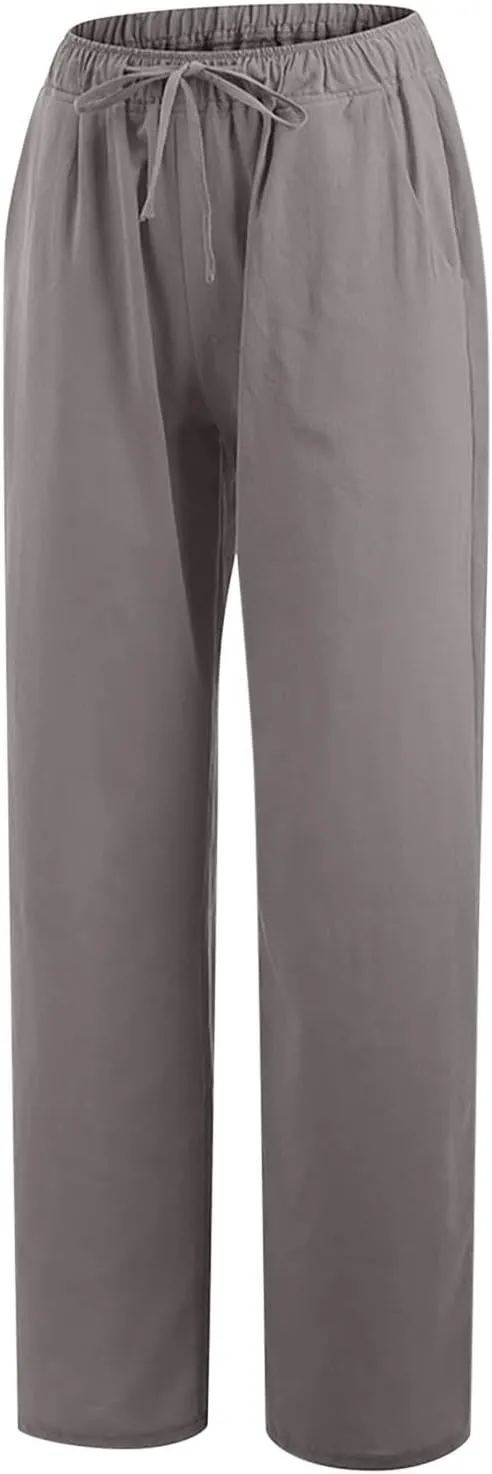 Women's Linen Cotton Pants Summer Drawstring Waist Wide Leg Lounge Palazzo Trouser Casual Loose Yoga Trousers