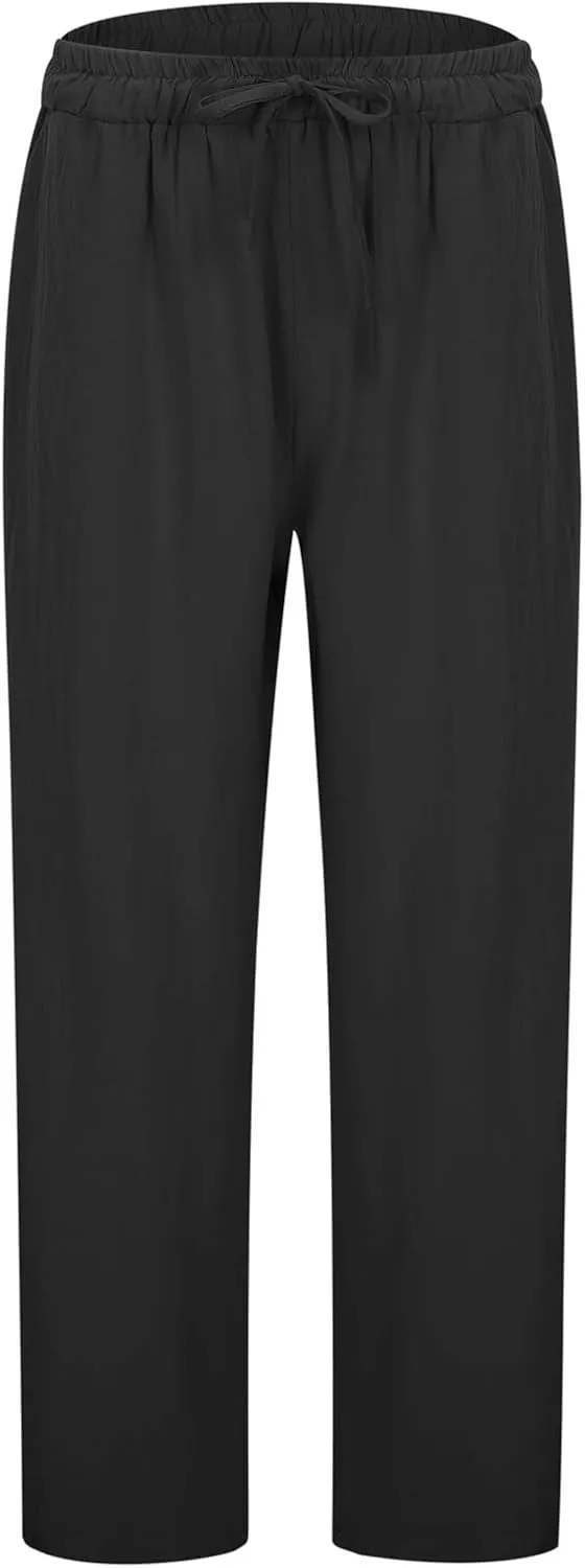 Women's Linen Pants Casual 2025 Solid Loose Drawstring Pants Elastic Waist Straight Leg Baggy Trousers with Pockets