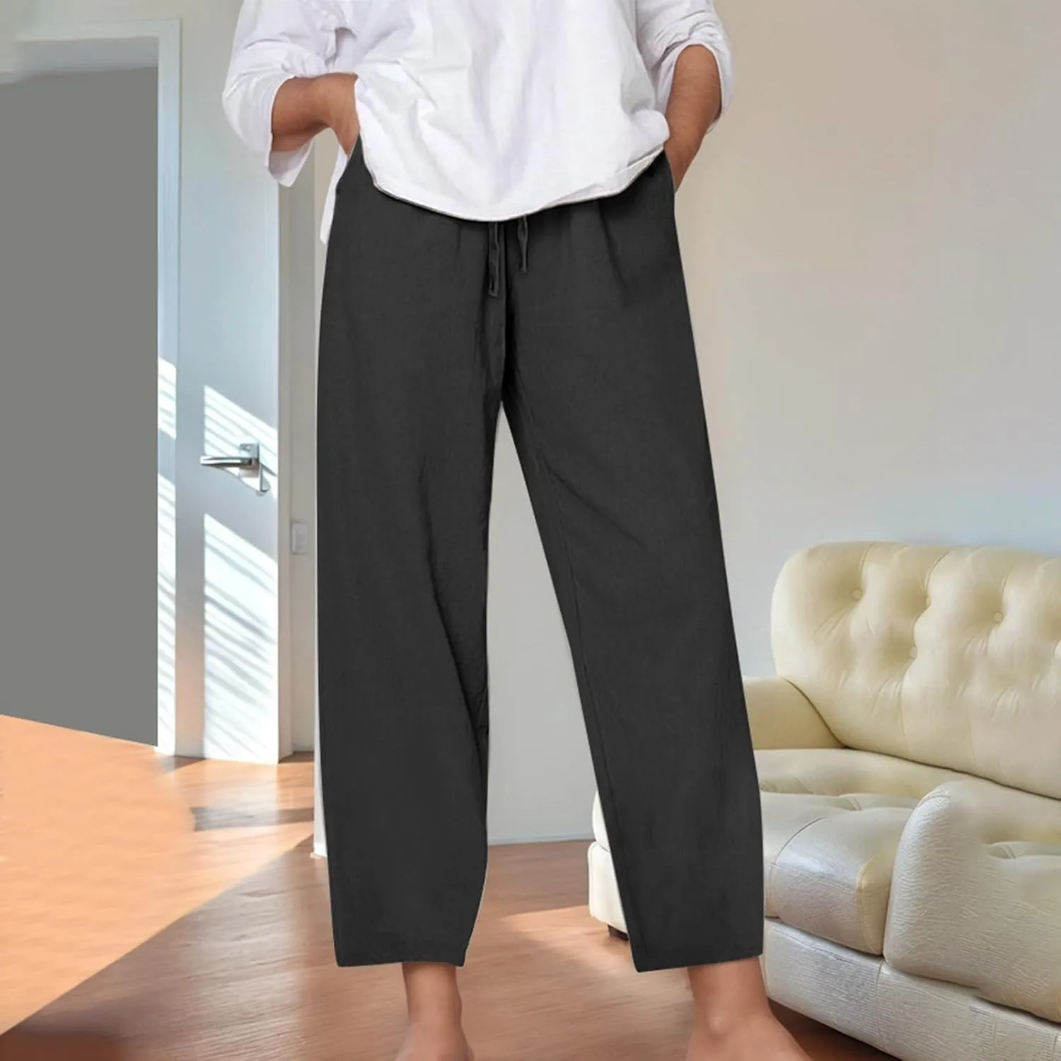 Women's Linen Pants Casual 2025 Solid Loose Drawstring Pants Elastic Waist Straight Leg Baggy Trousers with Pockets