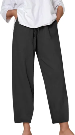 Women's Linen Pants Casual 2025 Solid Loose Drawstring Pants Elastic Waist Straight Leg Baggy Trousers with Pockets
