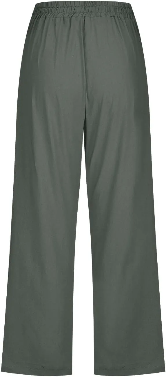 Women's Linen Pants Color Trouser Pant Cotton Blend Drawstring Elastic High Waist Adjustable Knot Loose Casual