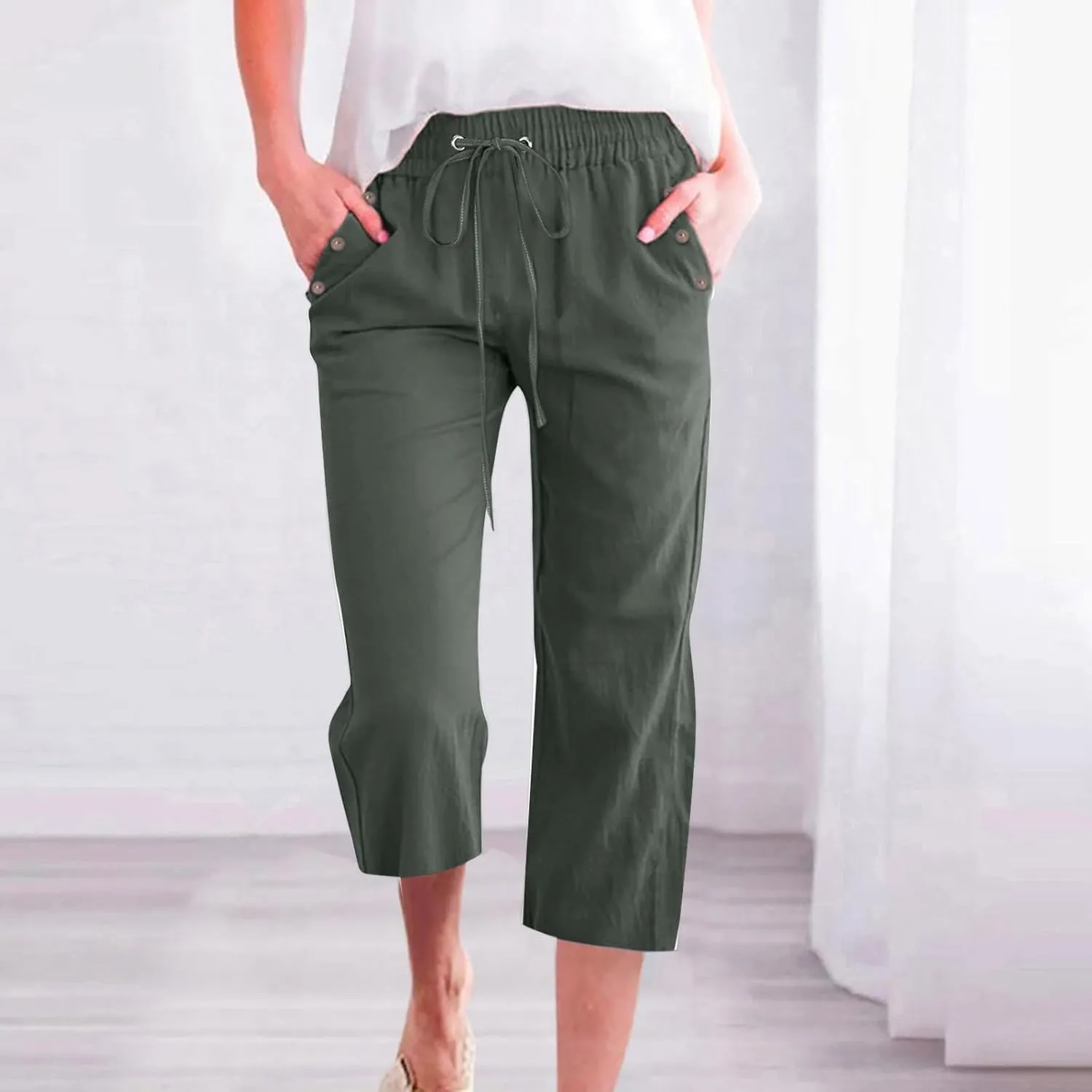 Women's Linen Pants Color Trouser Pant Cotton Blend Drawstring Elastic High Waist Adjustable Knot Loose Casual