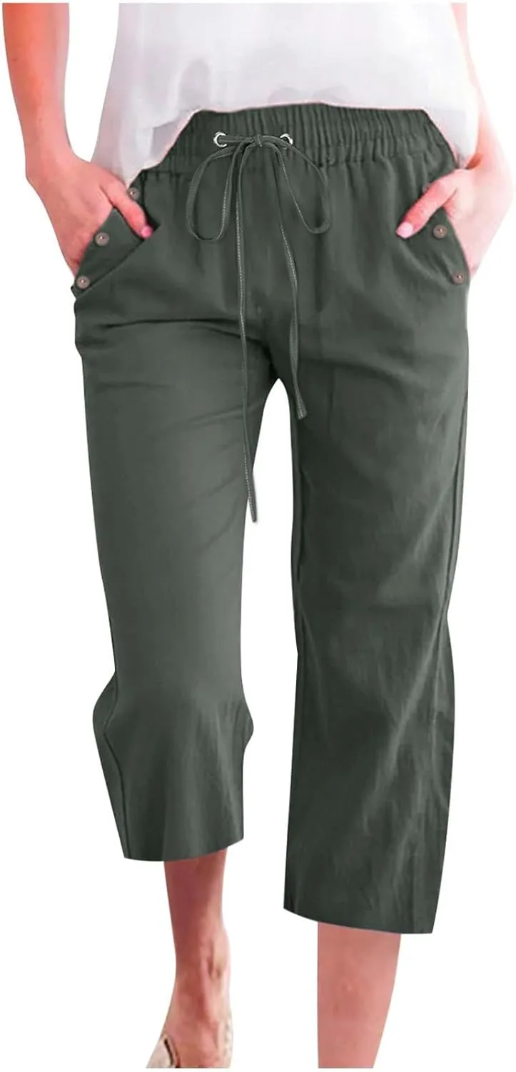 Women's Linen Pants Color Trouser Pant Cotton Blend Drawstring Elastic High Waist Adjustable Knot Loose Casual