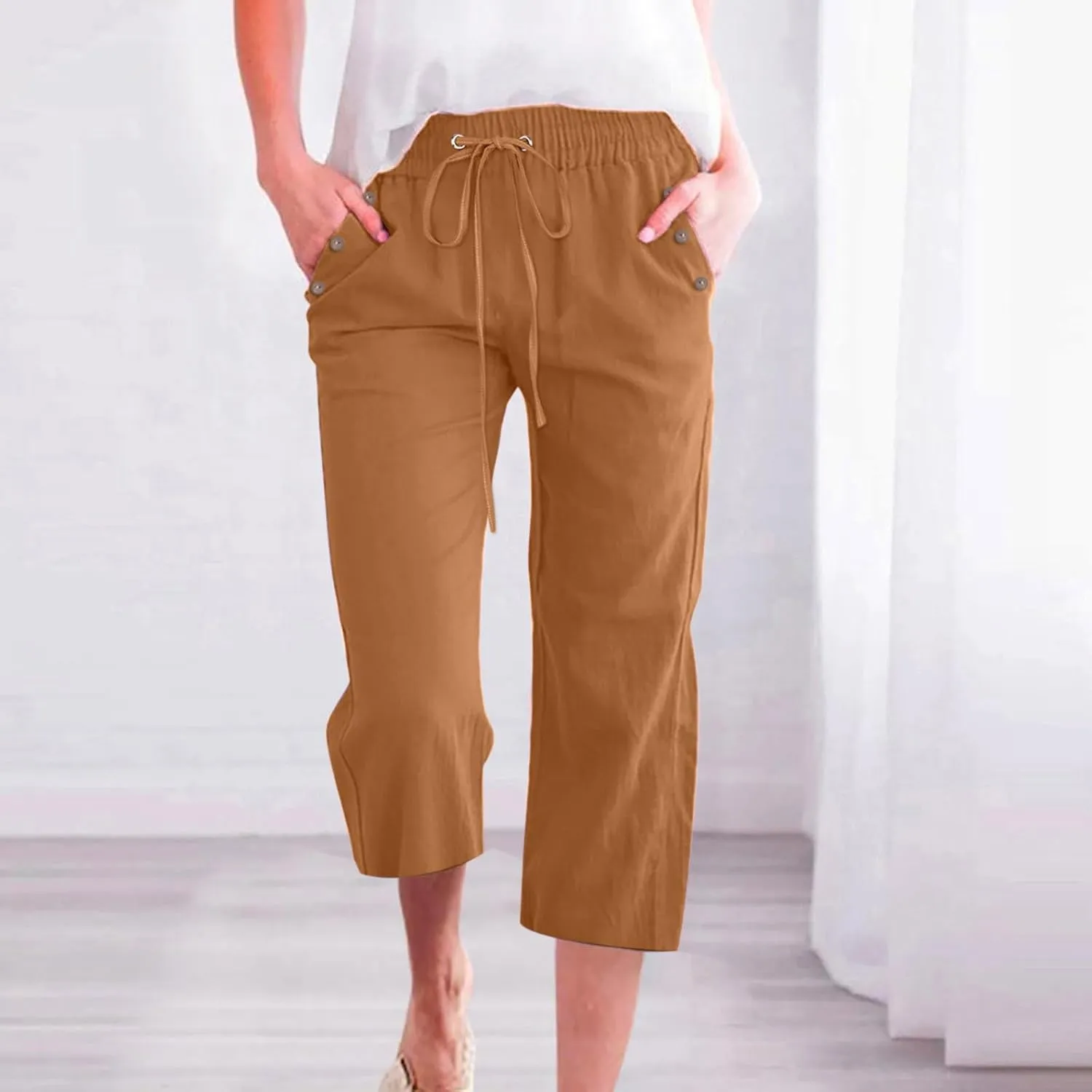 Women's Linen Pants Color Trouser Pant Cotton Blend Drawstring Elastic High Waist Adjustable Knot Loose Casual