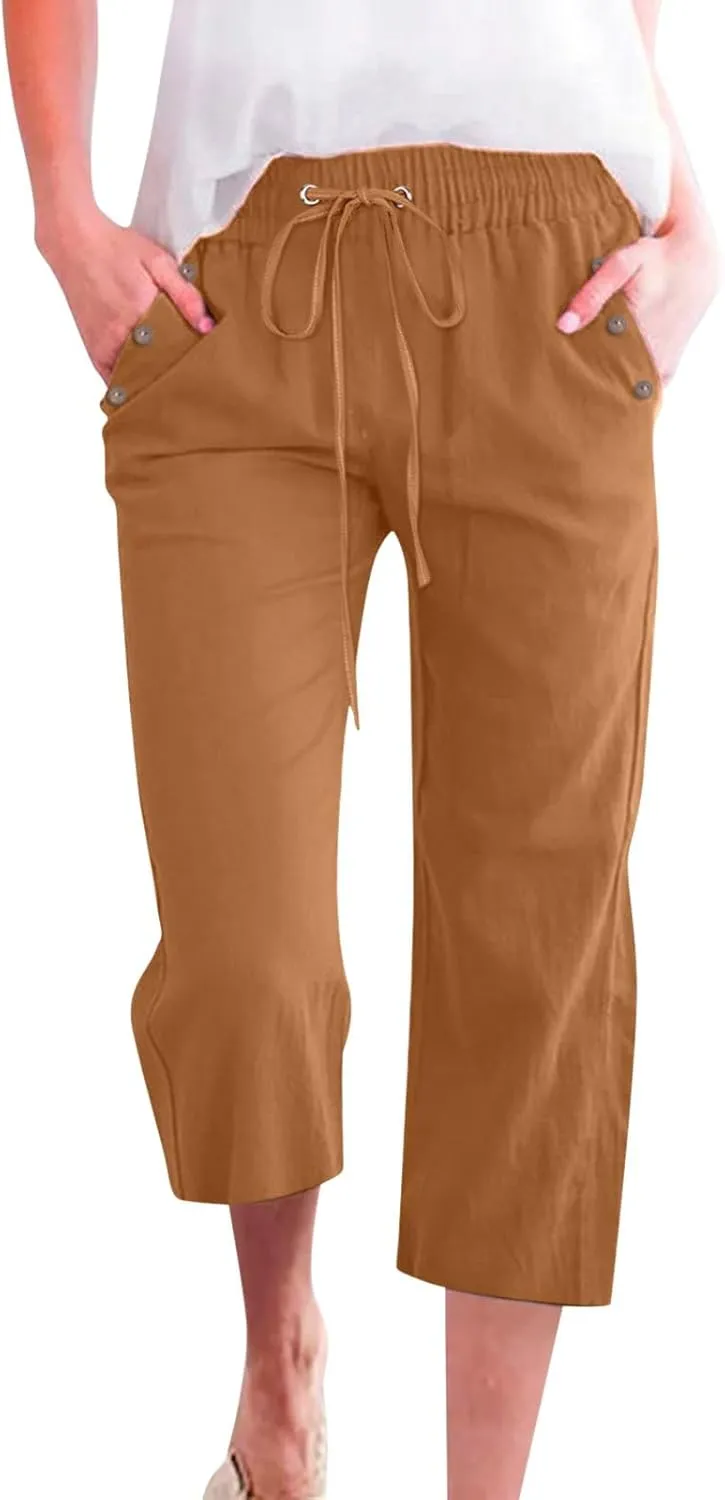 Women's Linen Pants Color Trouser Pant Cotton Blend Drawstring Elastic High Waist Adjustable Knot Loose Casual