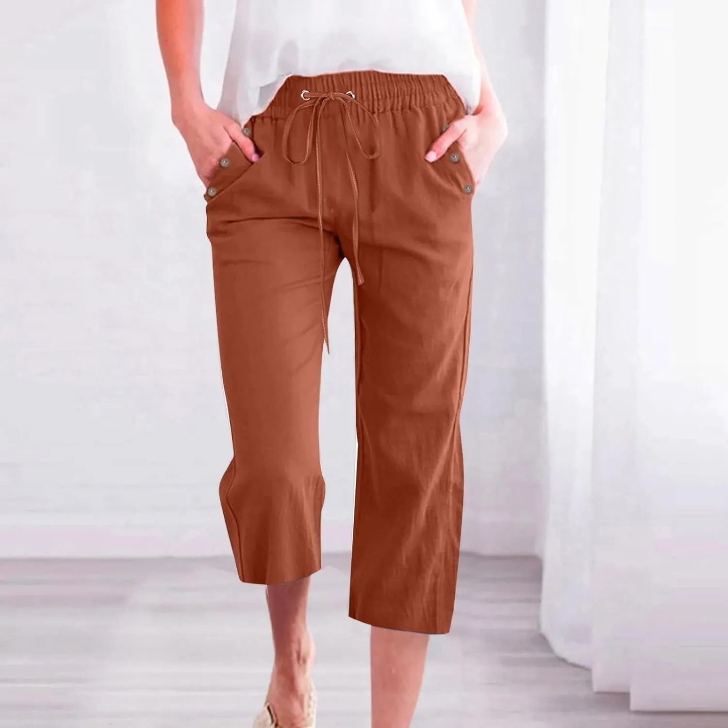 Women's Linen Pants Color Trouser Pant Cotton Blend Drawstring Elastic High Waist Adjustable Knot Loose Casual