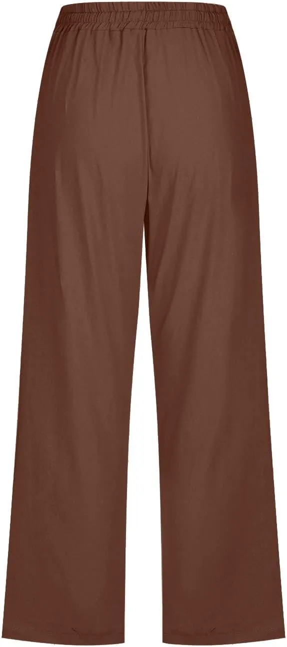Women's Linen Pants Color Trouser Pant Cotton Blend Drawstring Elastic High Waist Adjustable Knot Loose Casual