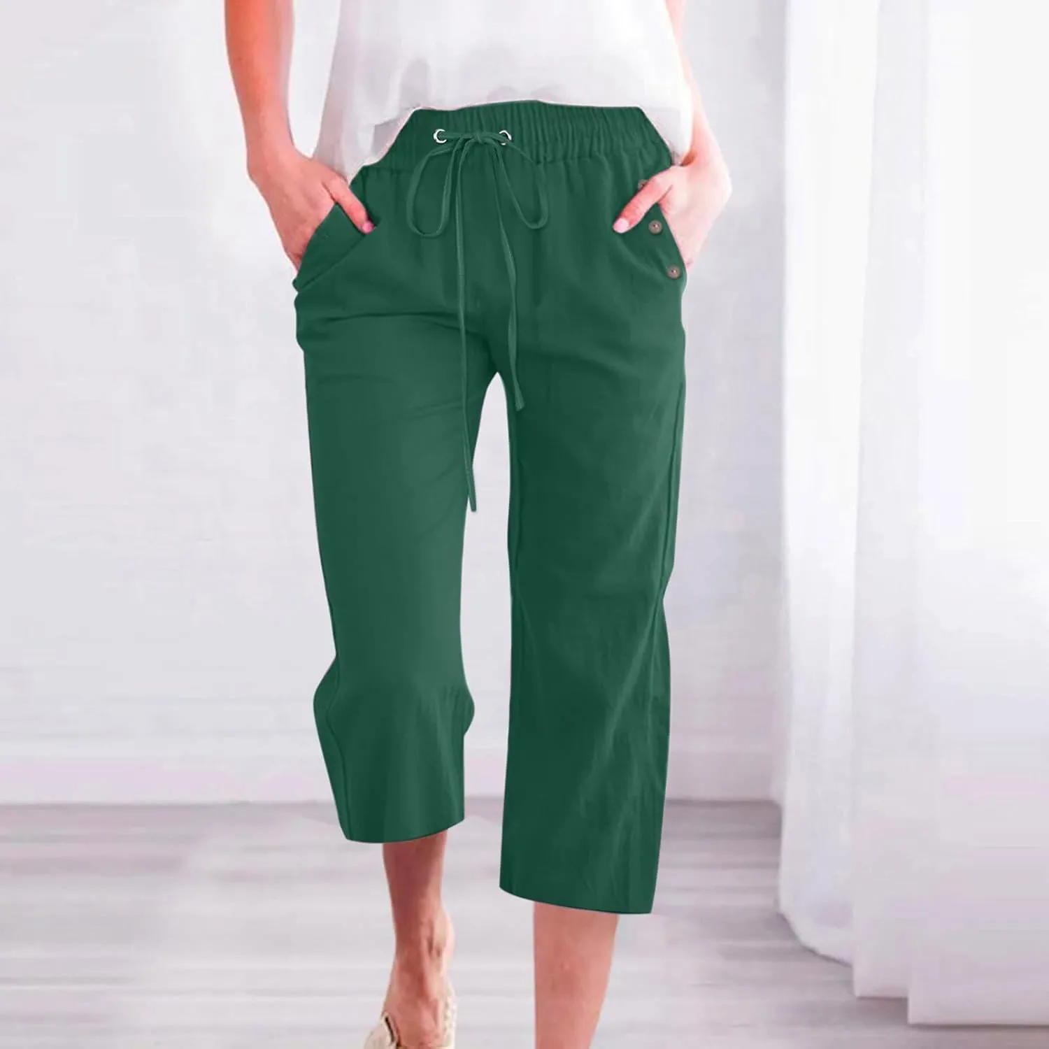 Women's Linen Pants Color Trouser Pant Cotton Blend Drawstring Elastic High Waist Adjustable Knot Loose Casual