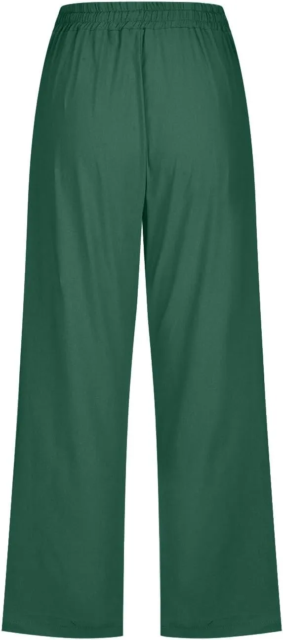 Women's Linen Pants Color Trouser Pant Cotton Blend Drawstring Elastic High Waist Adjustable Knot Loose Casual