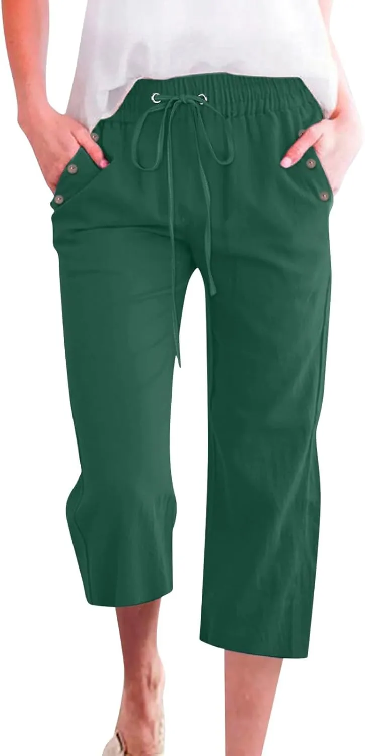 Women's Linen Pants Color Trouser Pant Cotton Blend Drawstring Elastic High Waist Adjustable Knot Loose Casual