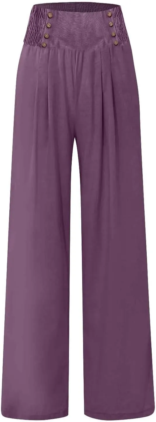 Womens Linen Pants Linen Wide Leg Pants for Women High Waist Stretch Dress Women's Cotton Linen Casual Beach Long Pants