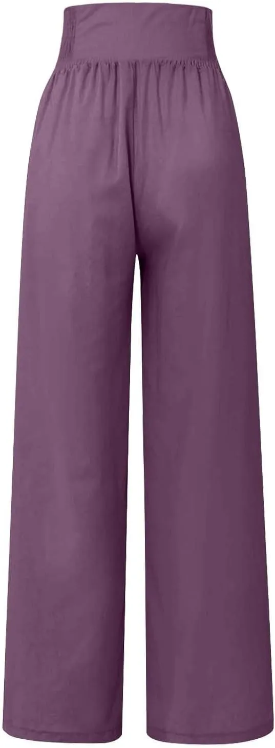 Womens Linen Pants Linen Wide Leg Pants for Women High Waist Stretch Dress Women's Cotton Linen Casual Beach Long Pants