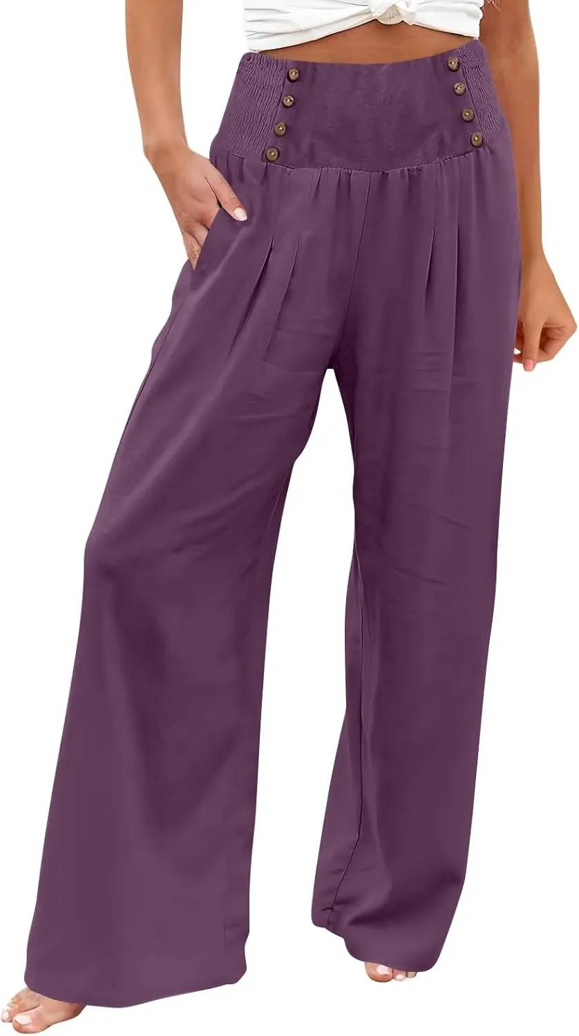 Womens Linen Pants Linen Wide Leg Pants for Women High Waist Stretch Dress Women's Cotton Linen Casual Beach Long Pants