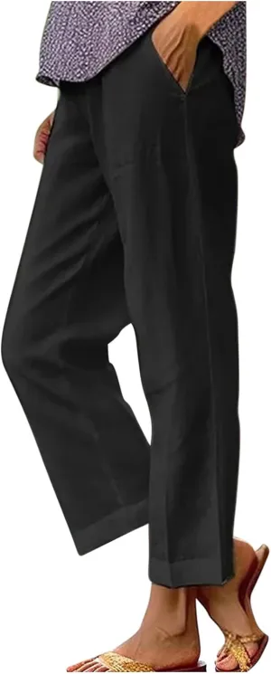 Womens Linen Pants with Pockets Casual Ankle Pant High Waist Comfy Lightweight Loose Trousers Beach Cropped Pants