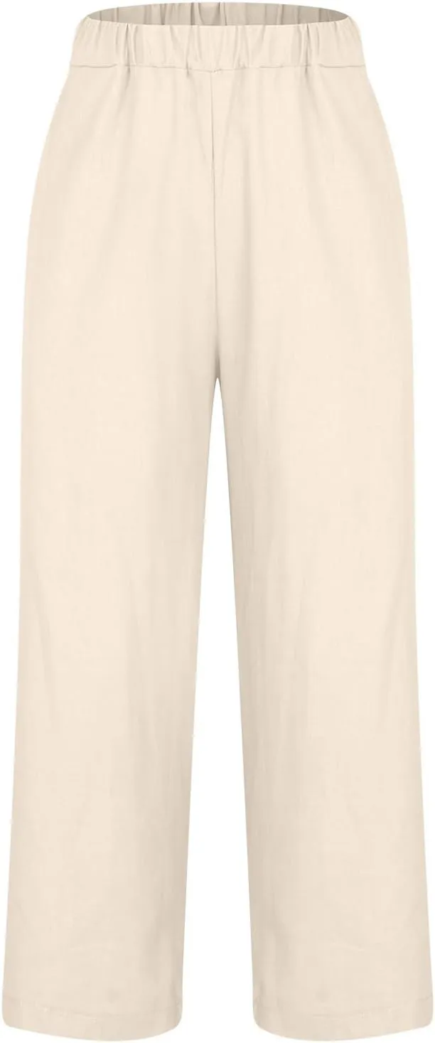 Womens Linen Pants with Pockets Casual Ankle Pant High Waist Comfy Lightweight Loose Trousers Beach Cropped Pants