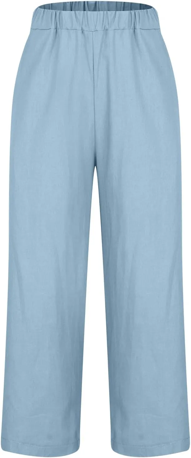 Womens Linen Pants with Pockets Casual Ankle Pant High Waist Comfy Lightweight Loose Trousers Beach Cropped Pants